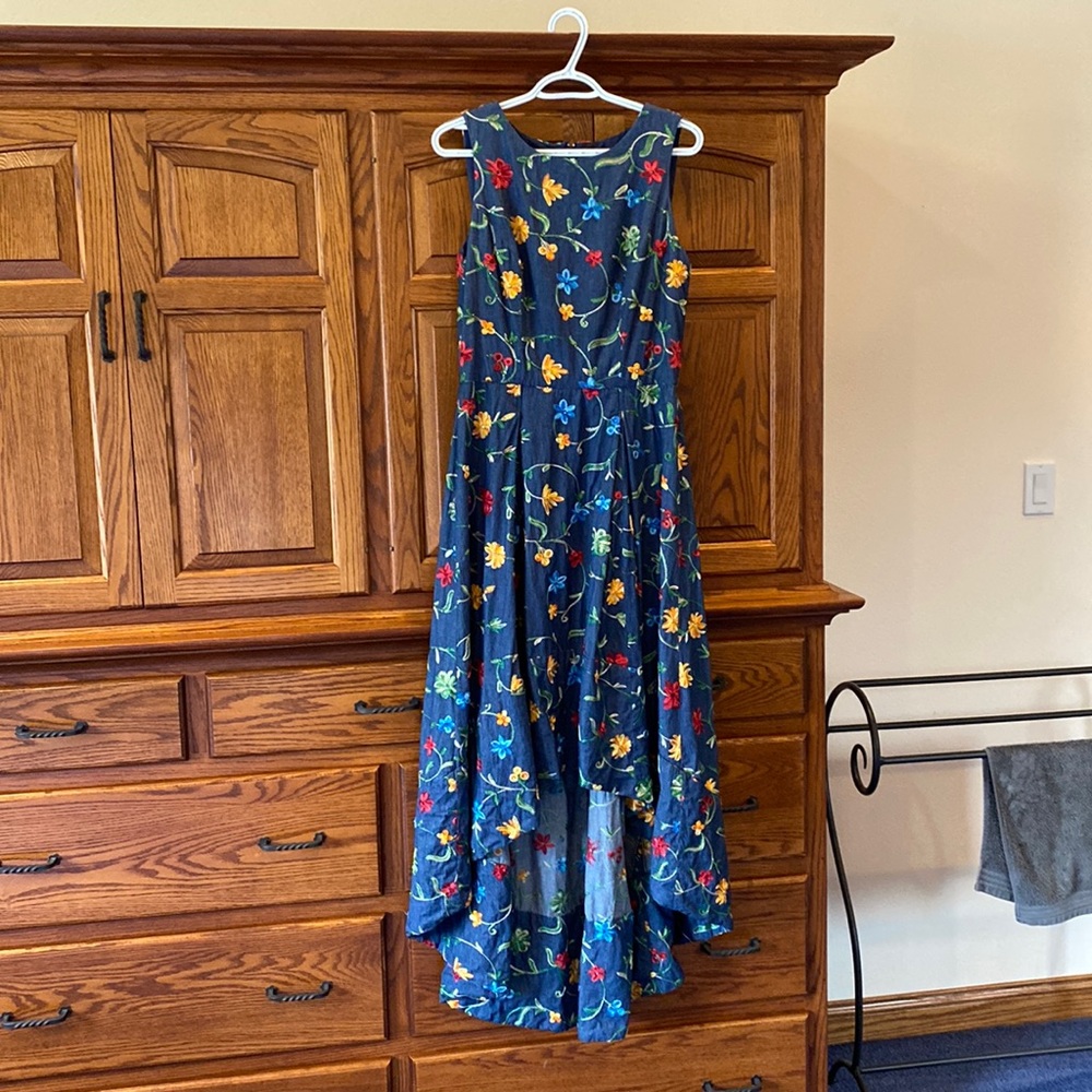 Custom hi/low dress with embroidery. 500+ crystals on the flowers and stems.